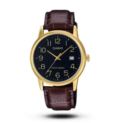 CASIO ENTICER GOLD BLACK DIAL LEATHER WATCH MTP-V002GL-1BUDF